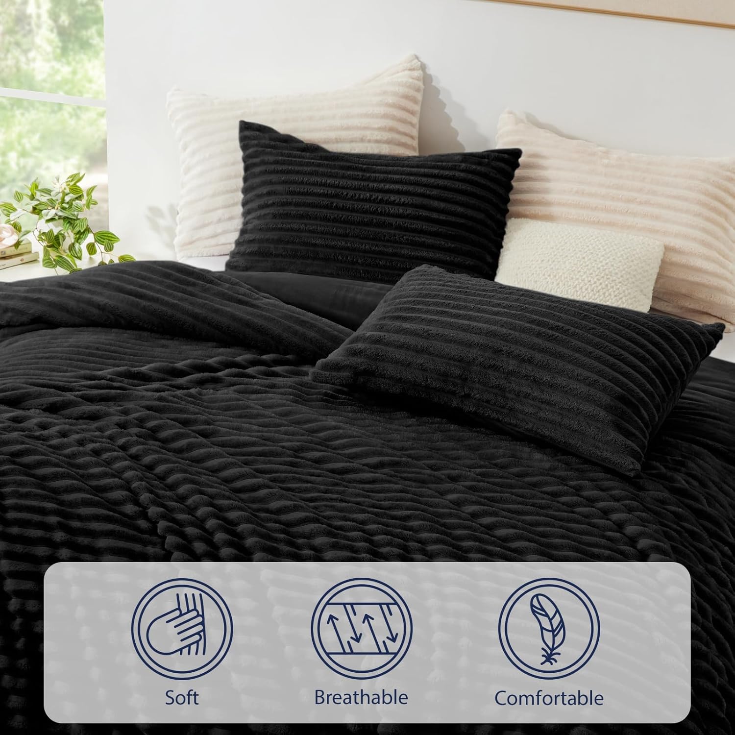 Faux Striped Black Bed Set