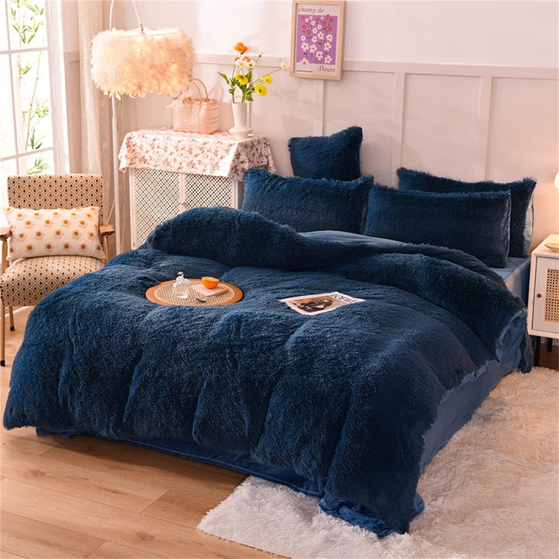 Shaggy Navy Blue Bed Set