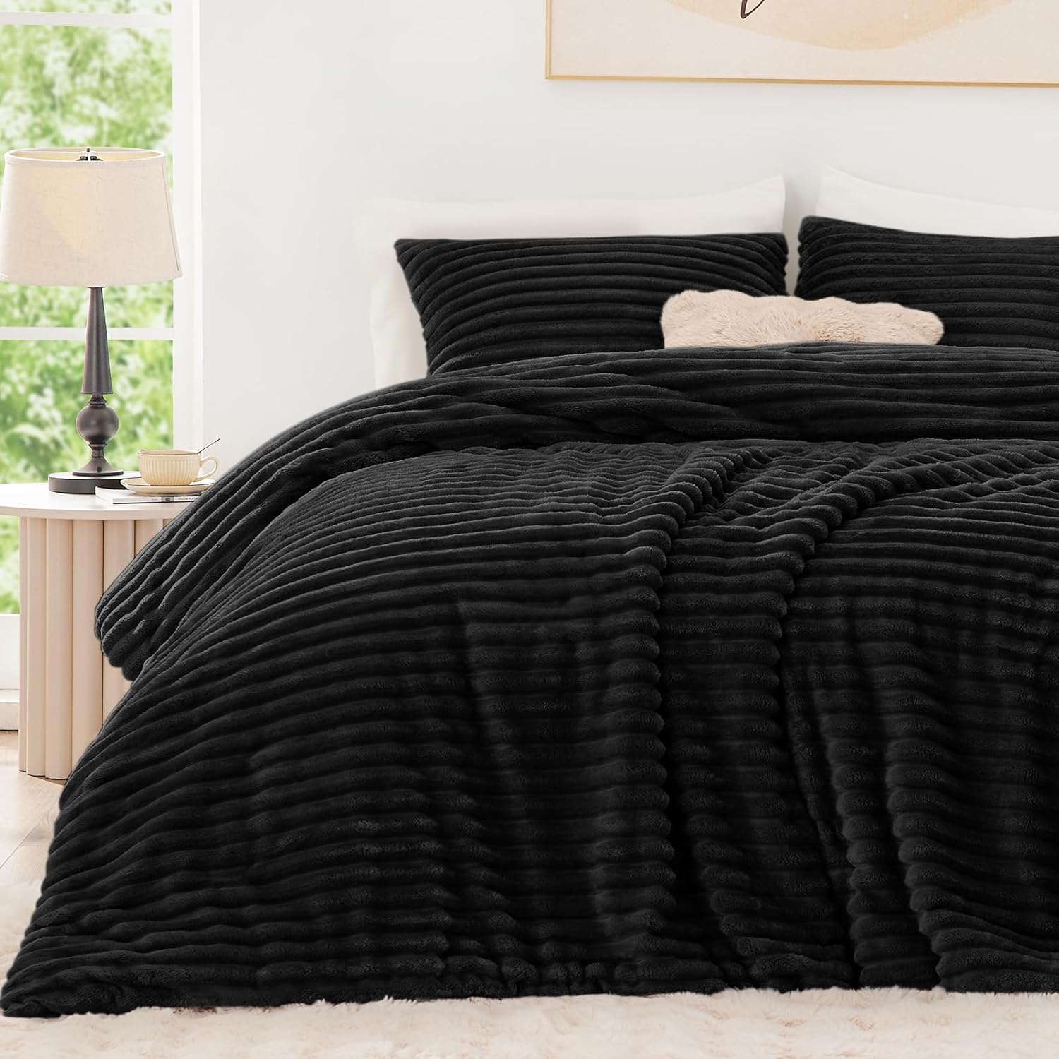 Faux Striped Black Bed Set