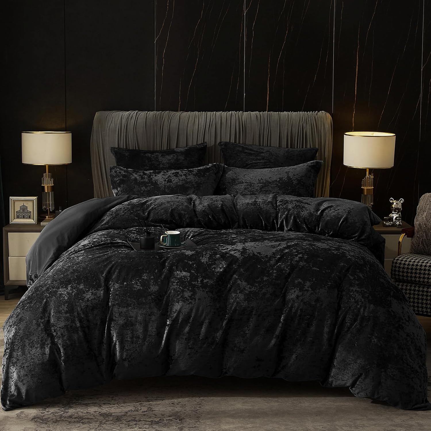 Black Textured Velvet Duvet Set