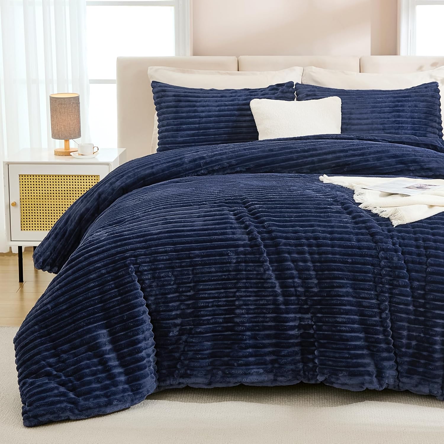 Faux Striped Navy Blue Bed Set