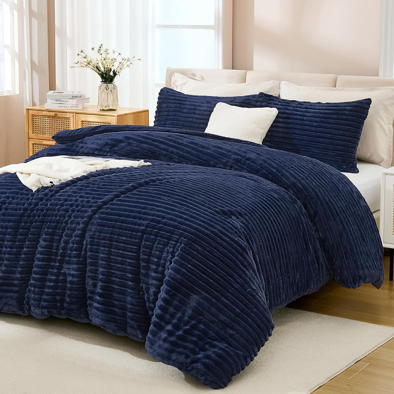 Faux Striped Navy Blue Bed Set
