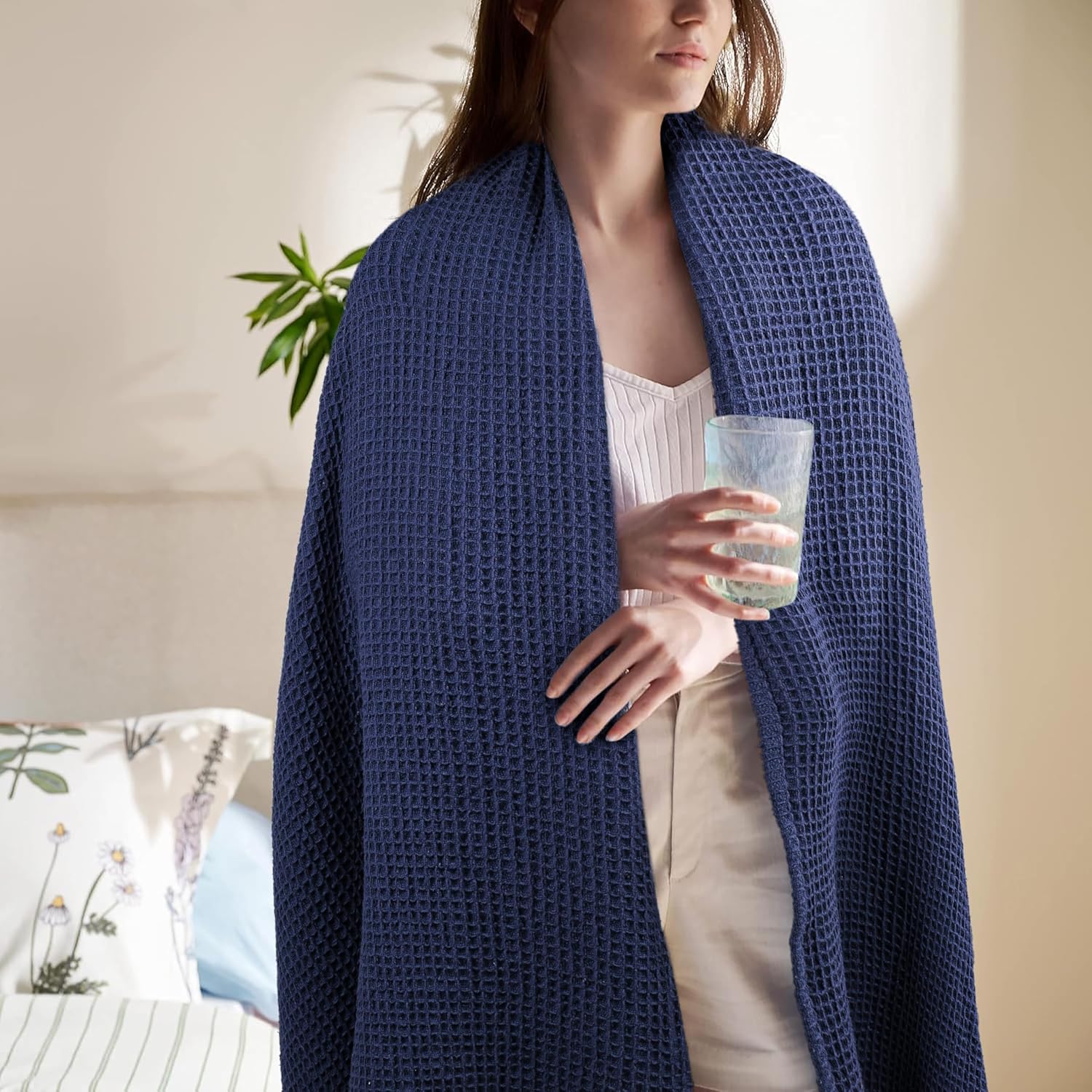 Navy Waffle Weave Summer Blanket