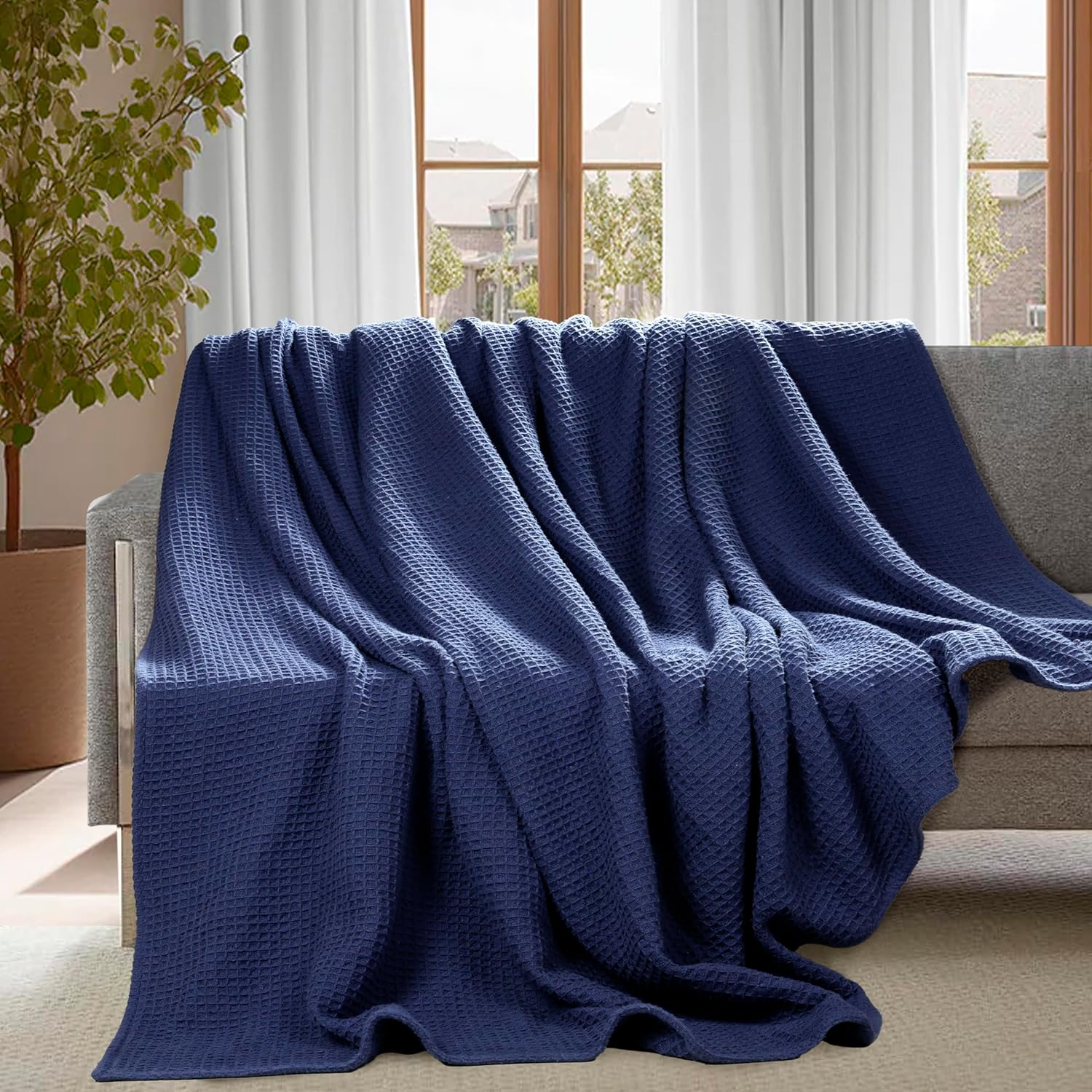 Navy Waffle Weave Summer Blanket