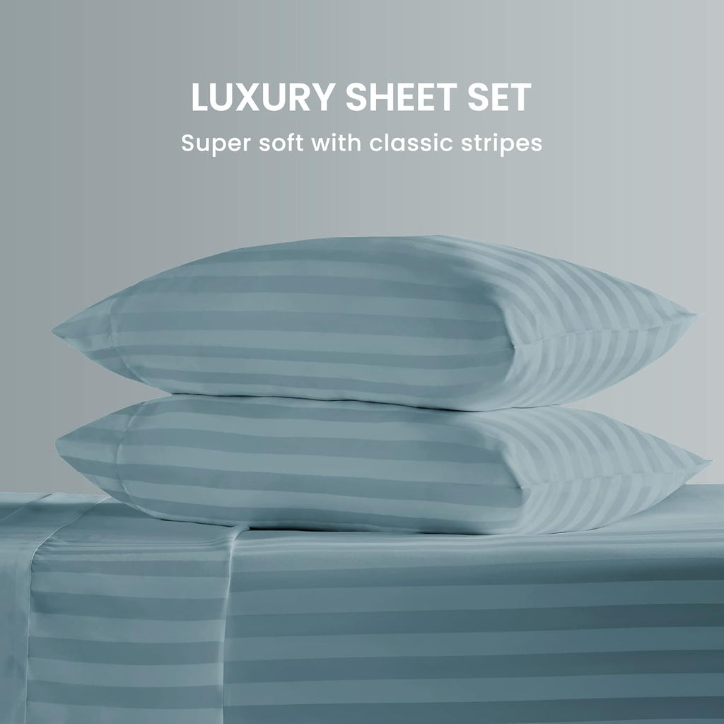 Satin Striped Flint Blue Bed Set