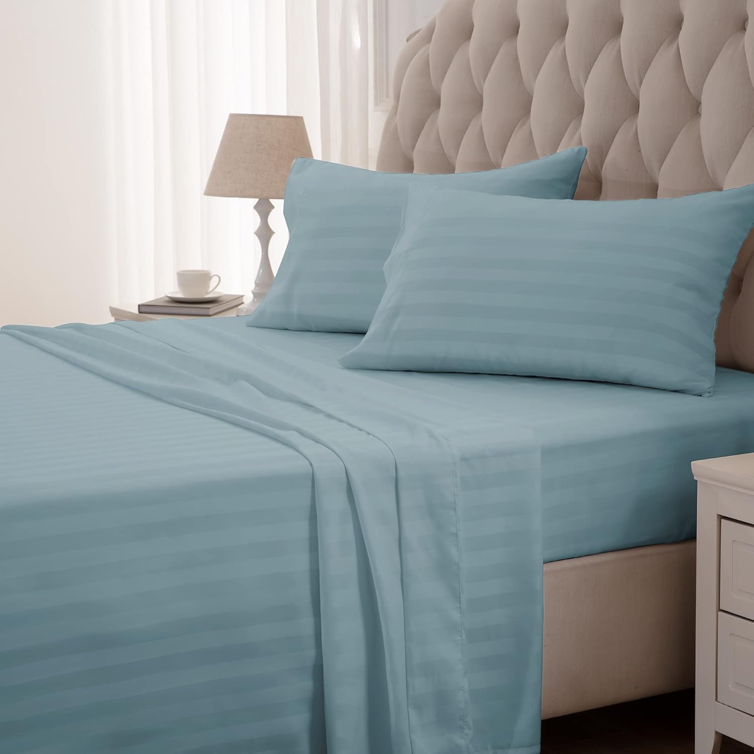 Satin Striped Flint Blue Bed Set