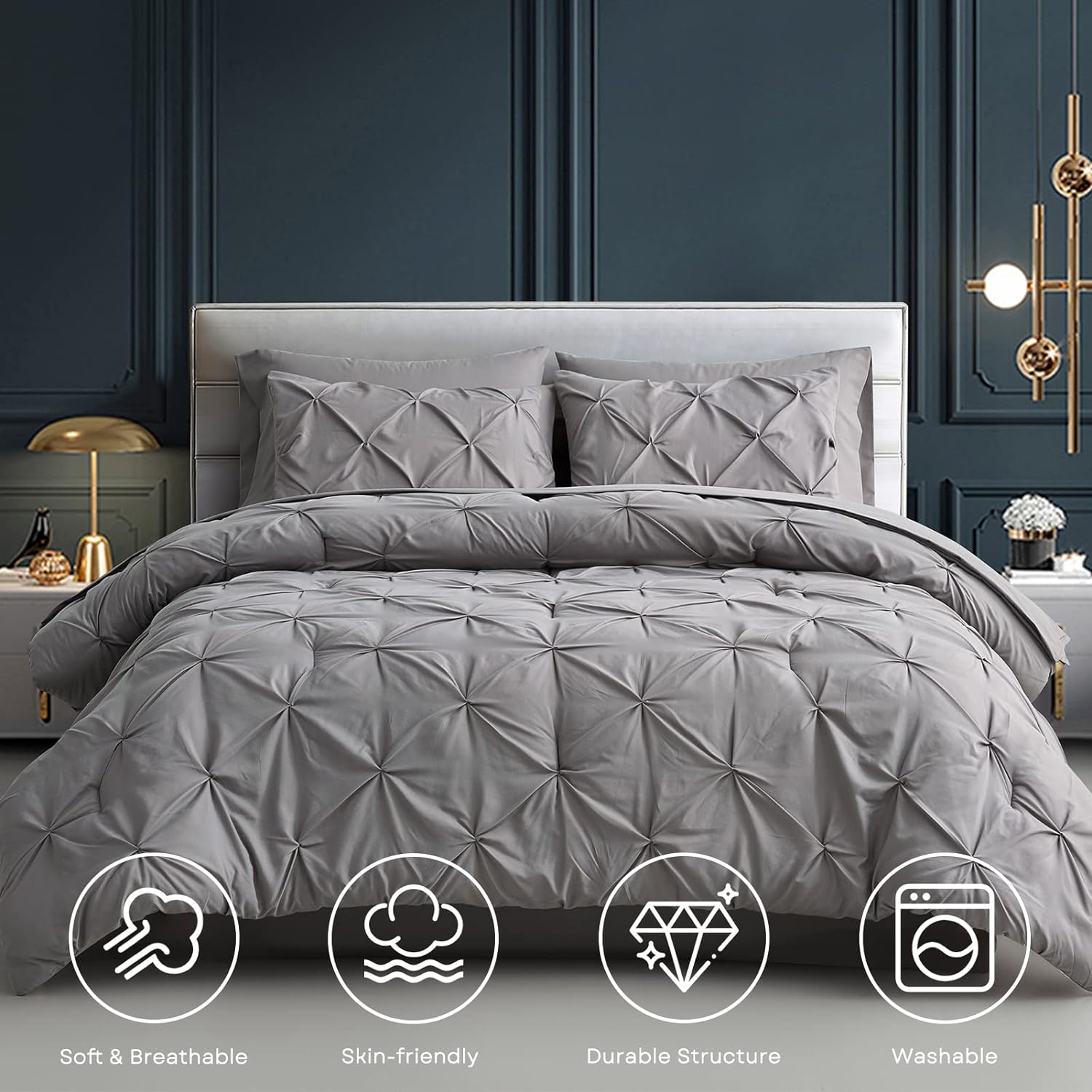 Silver Pleated Pintuck Comforter Cover
