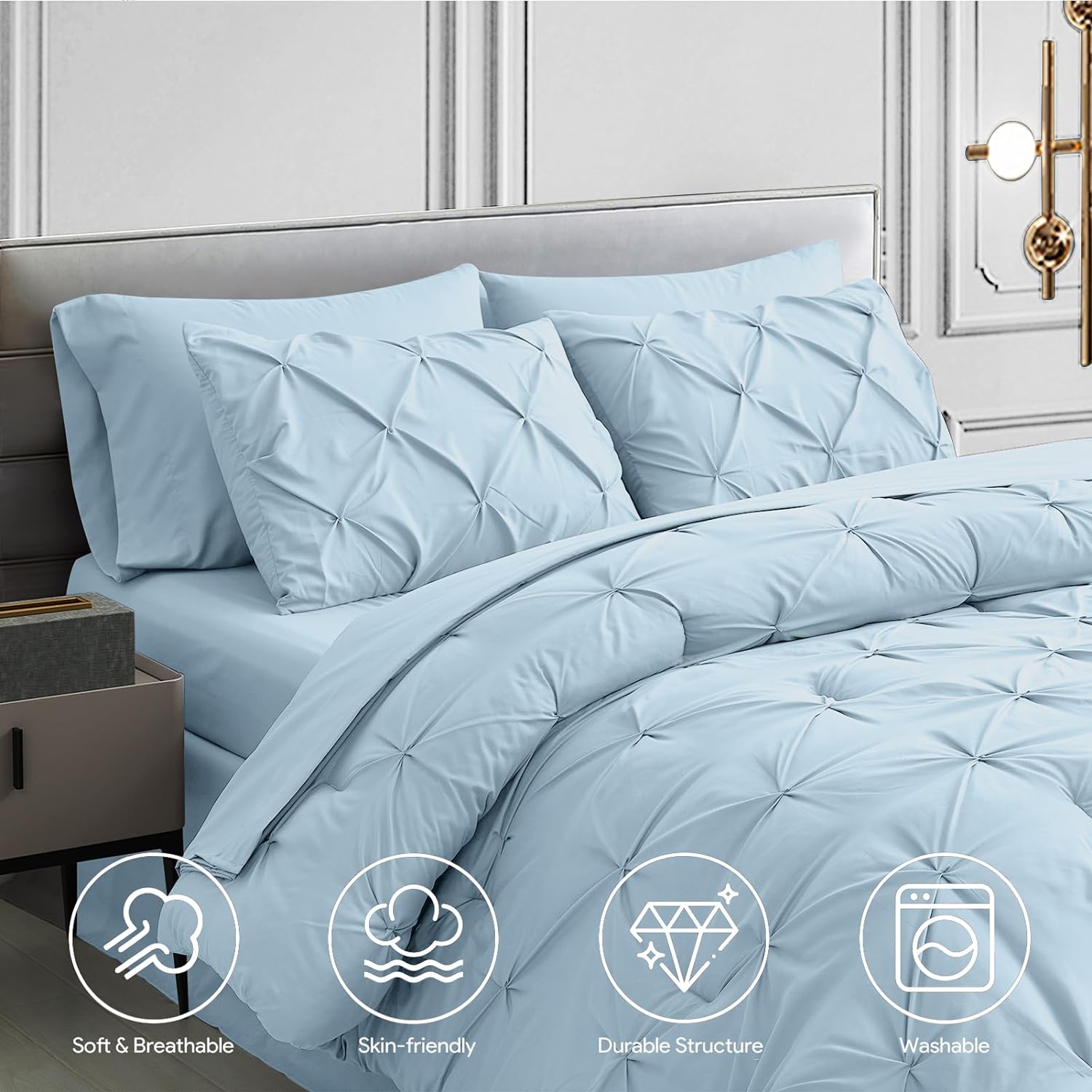 Sky Blue Pleated Pintuck Comforter Cover