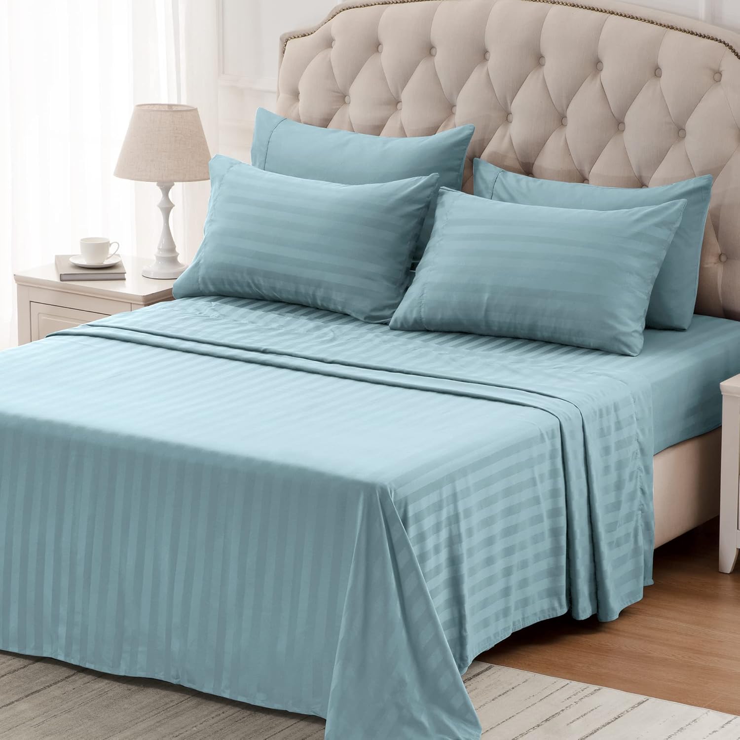 Satin Striped Flint Blue Bed Set