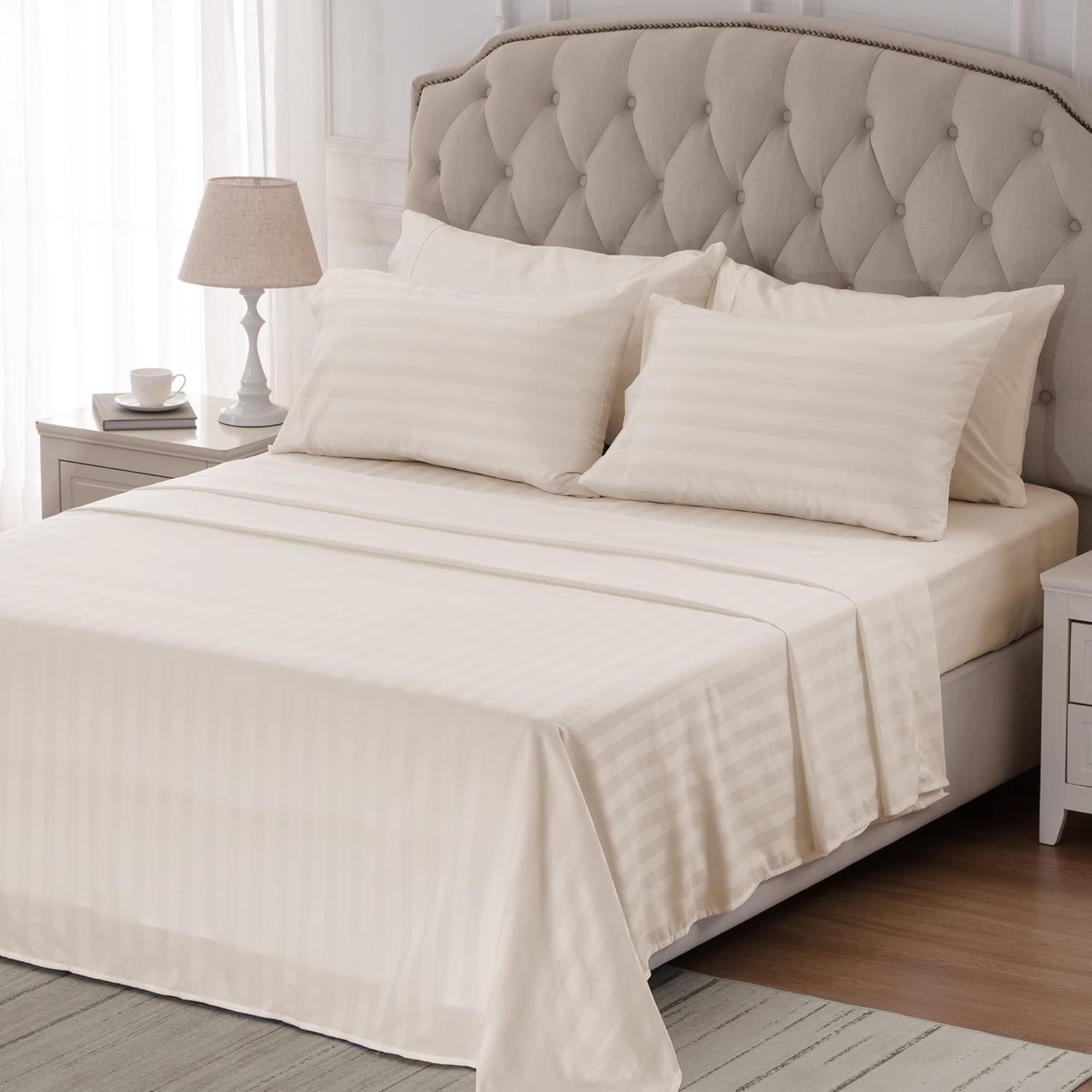 Satin Striped Beige Bed Set