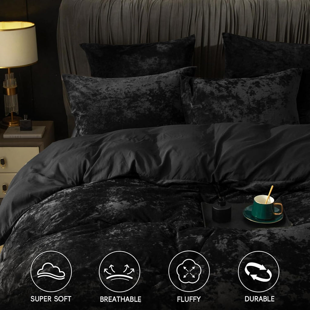 Black Textured Velvet Duvet Set