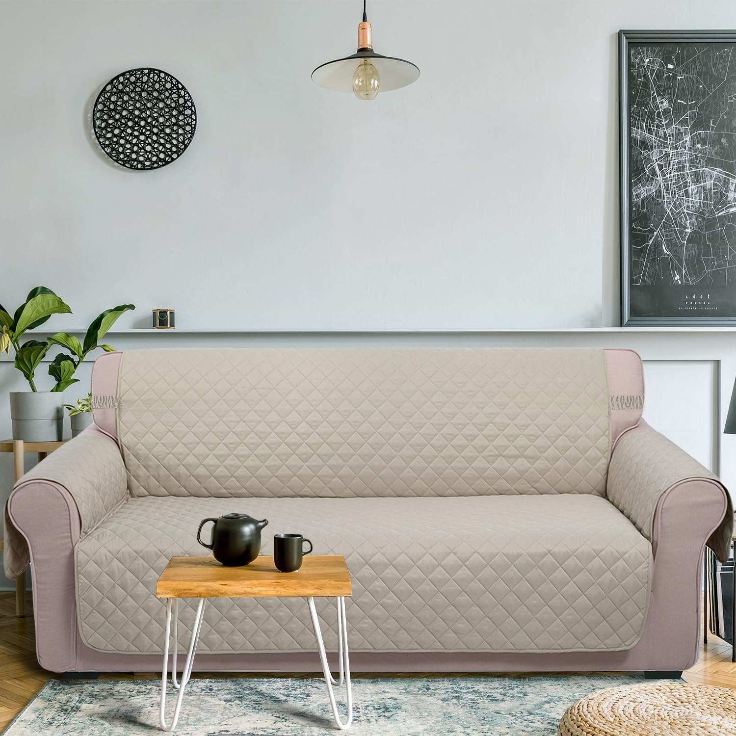 Diamond Beige Quilted Sofa Cover