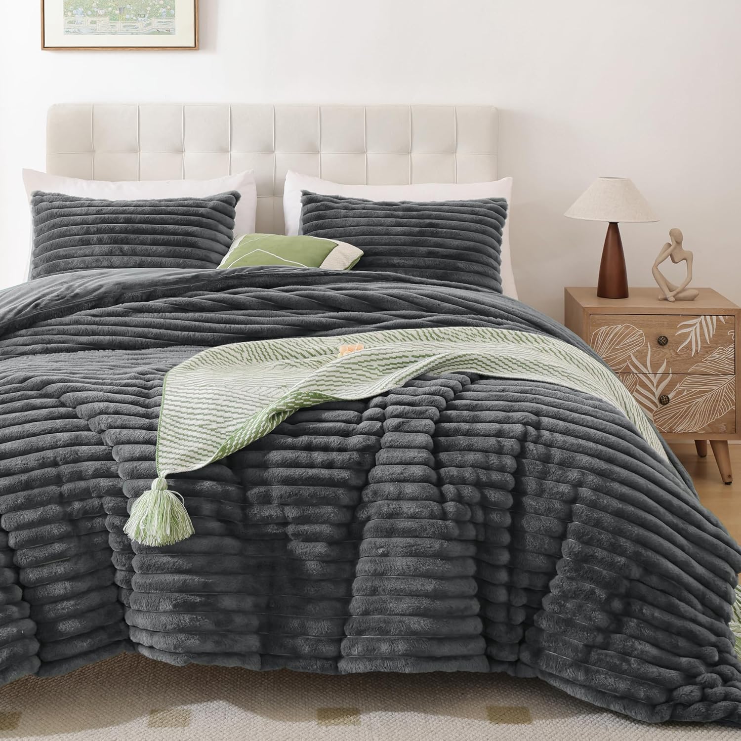 Faux Striped Grey Bed Set