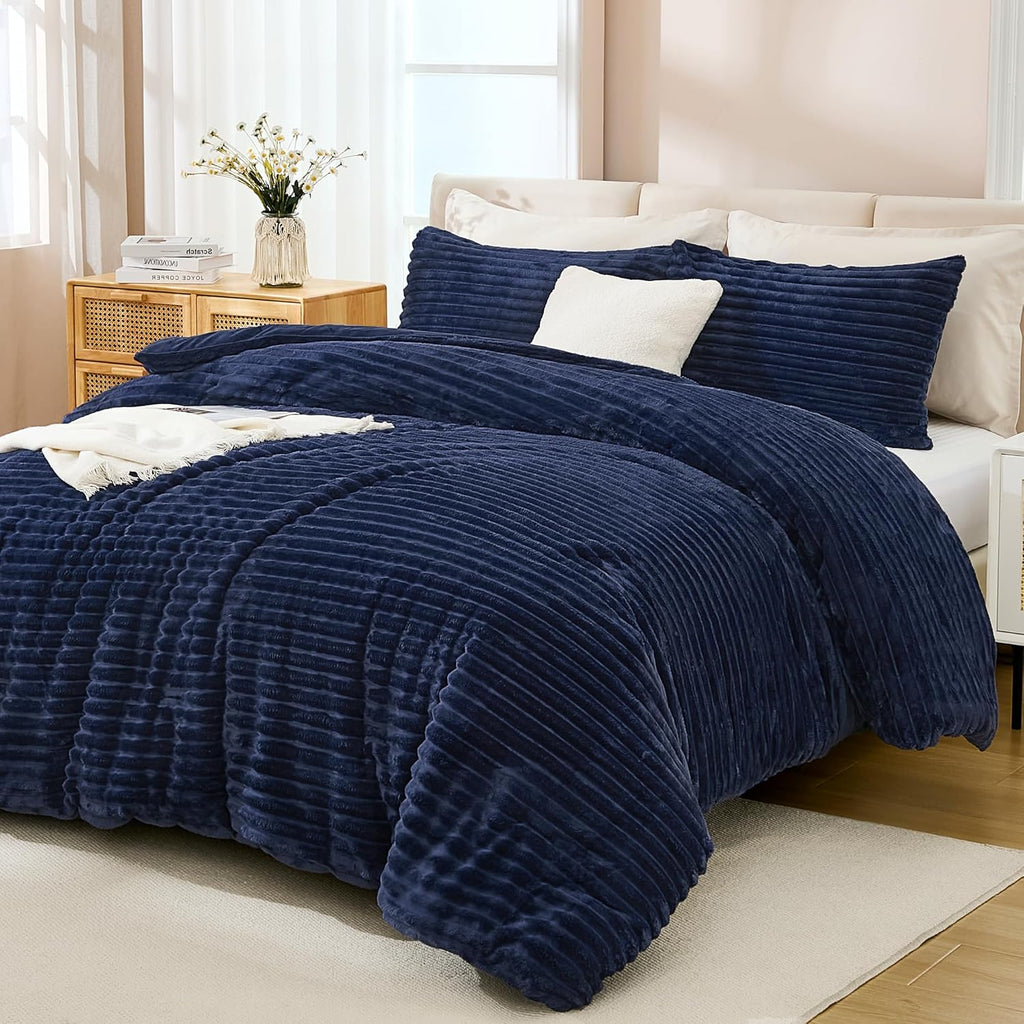 Faux Striped Navy Blue Bed Set