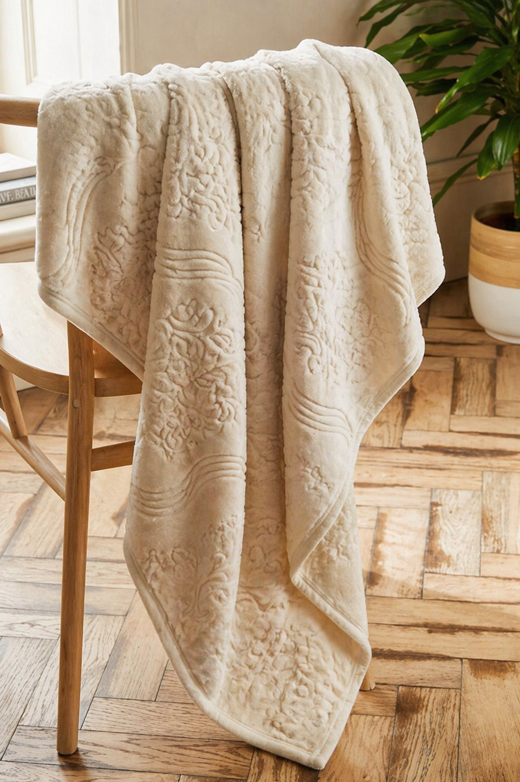 Fleece Flora Embossed Off-White Blanket