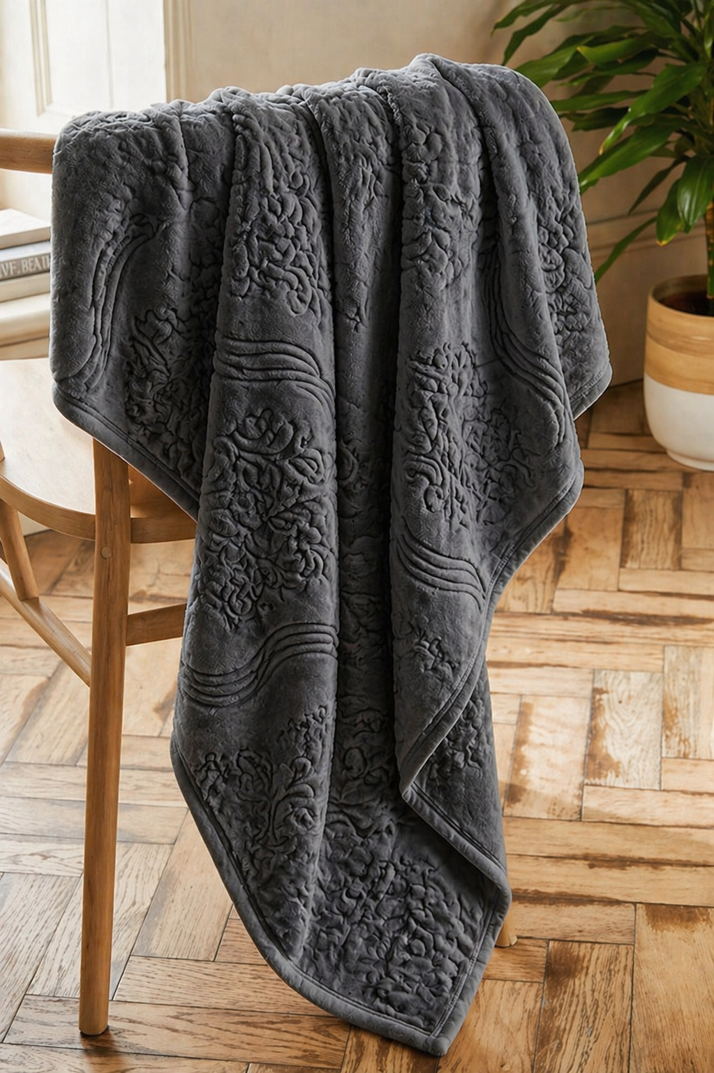 Fleece Flora Embossed Charcoal Blanket