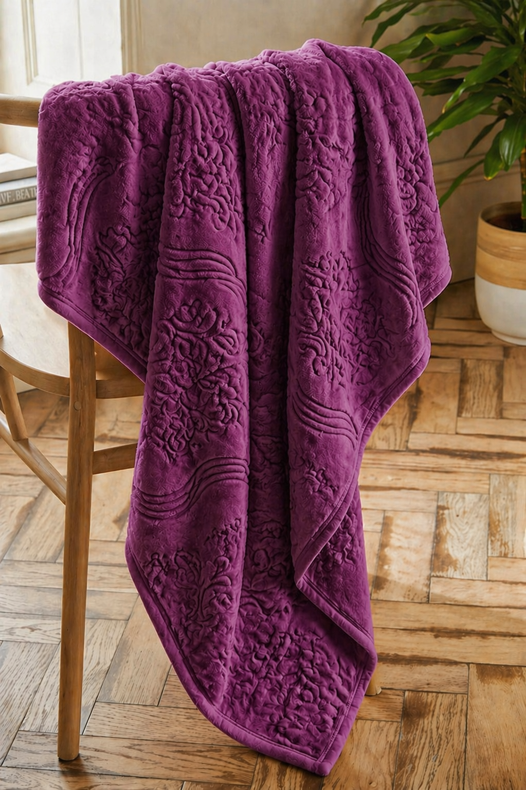 Fleece Flora Embossed Plum Blanket