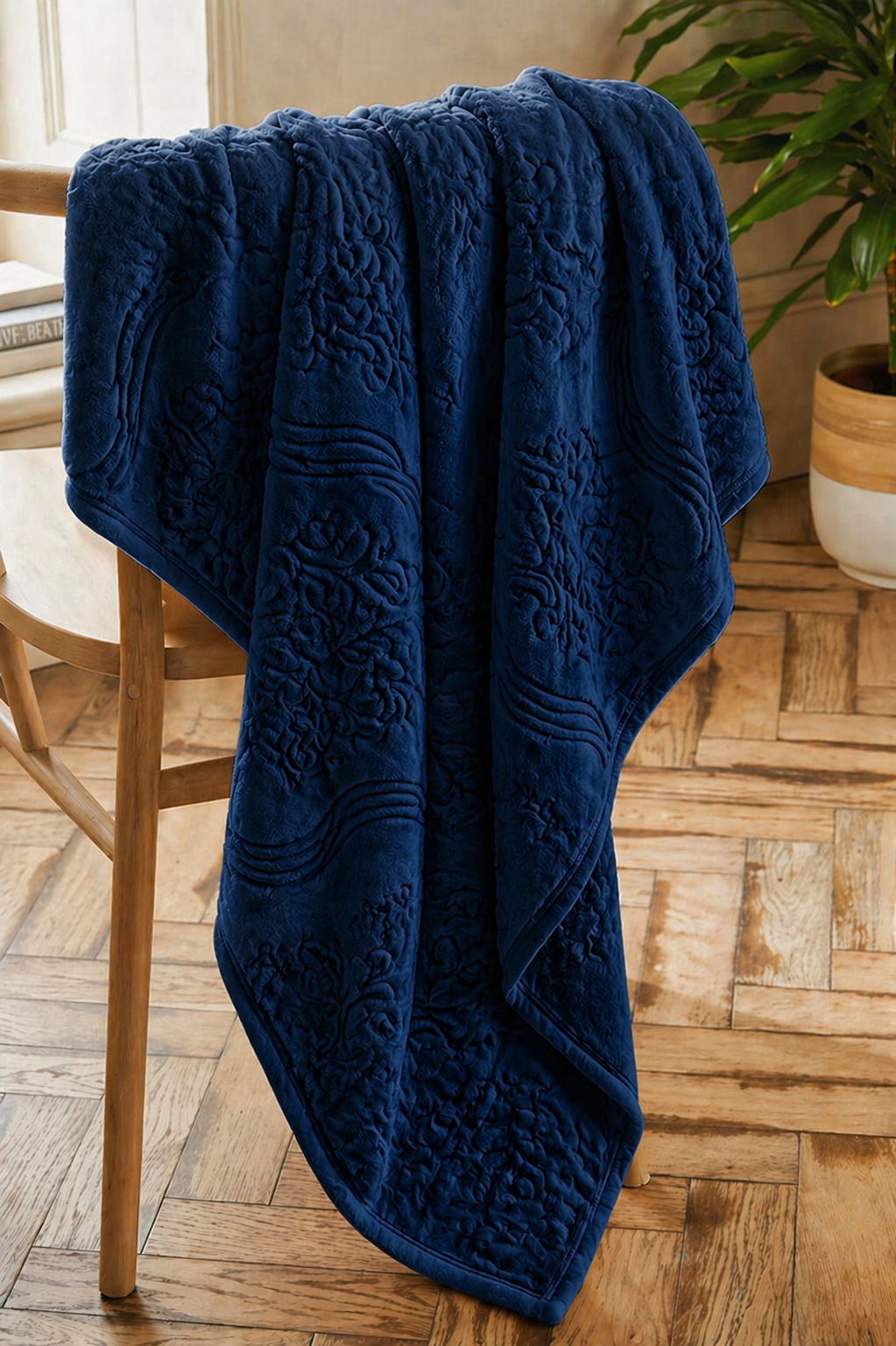 Fleece Flora Embossed Navy Blanket