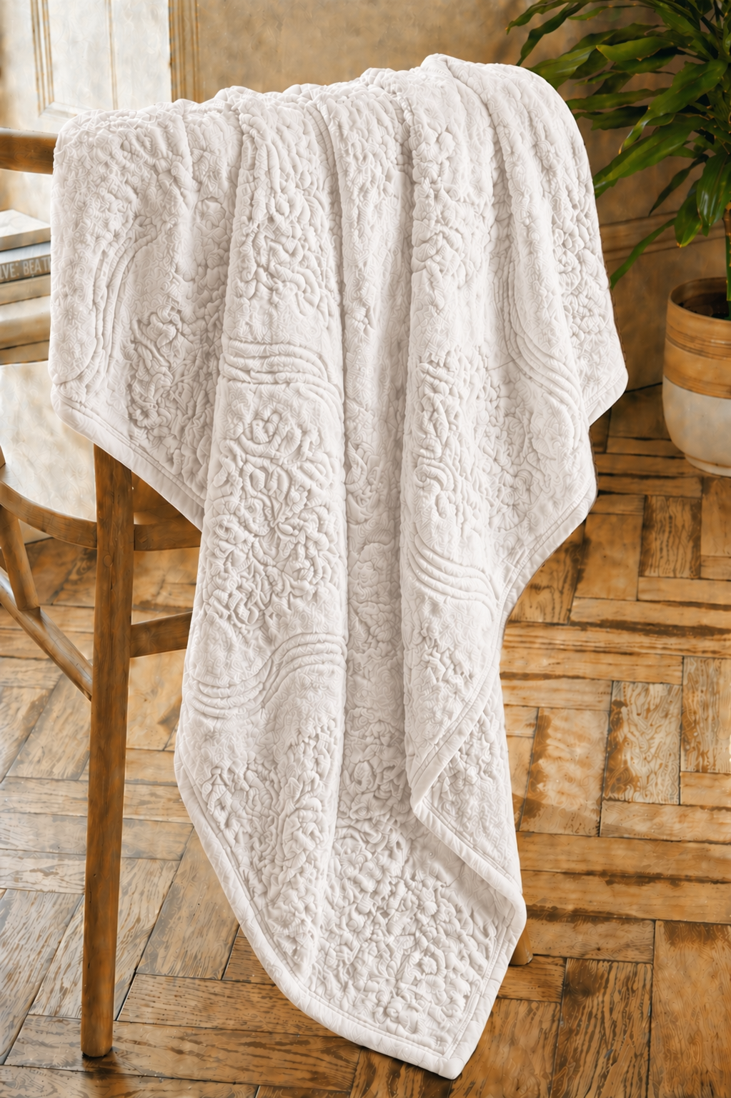 Fleece Flora Embossed White Blanket