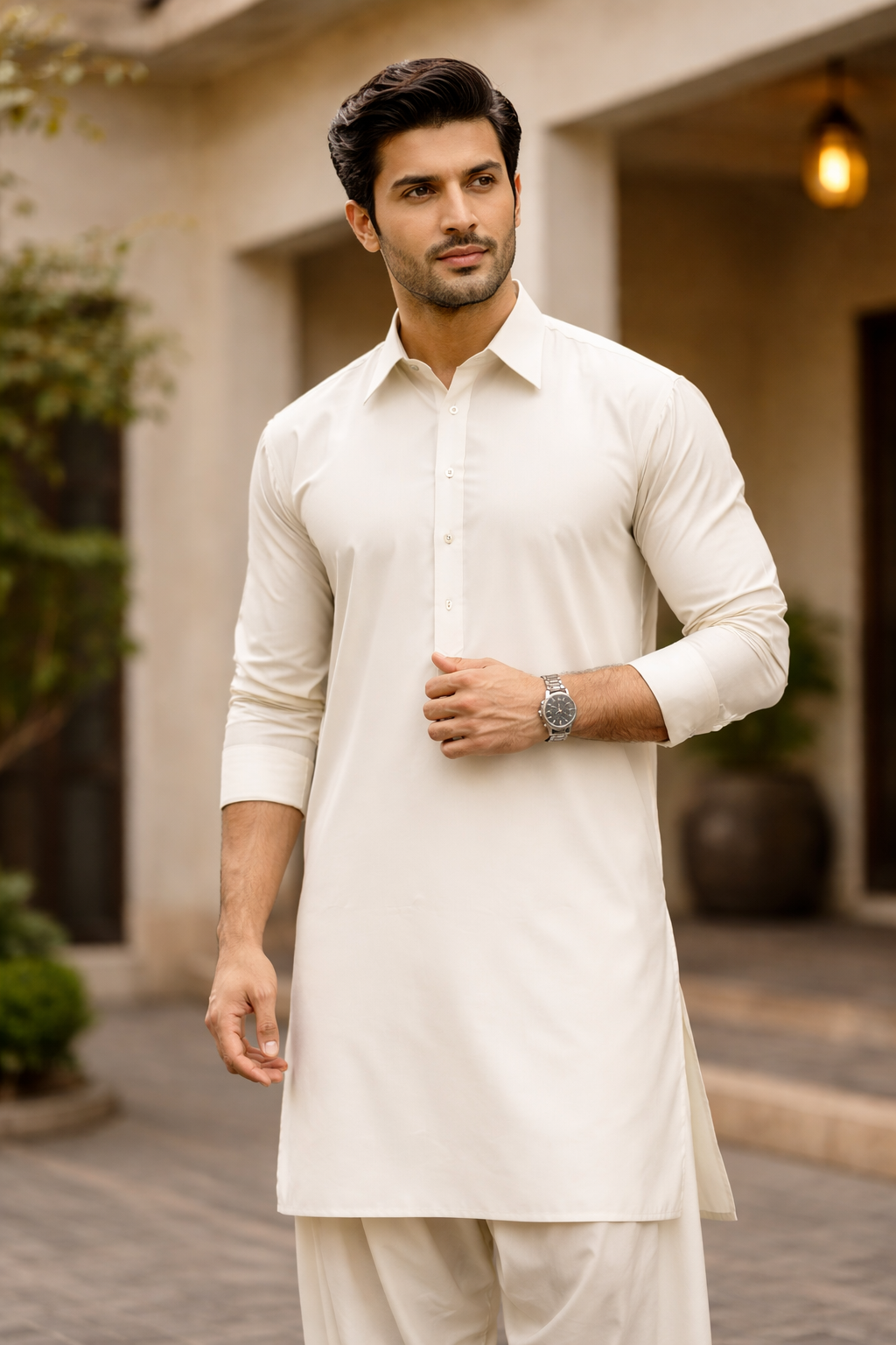 Cotton Satin Men Beige Unstitched Suit