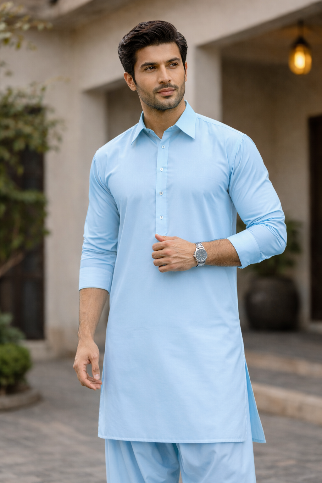 Cotton Satin Men Sky Blue Unstitched Suit