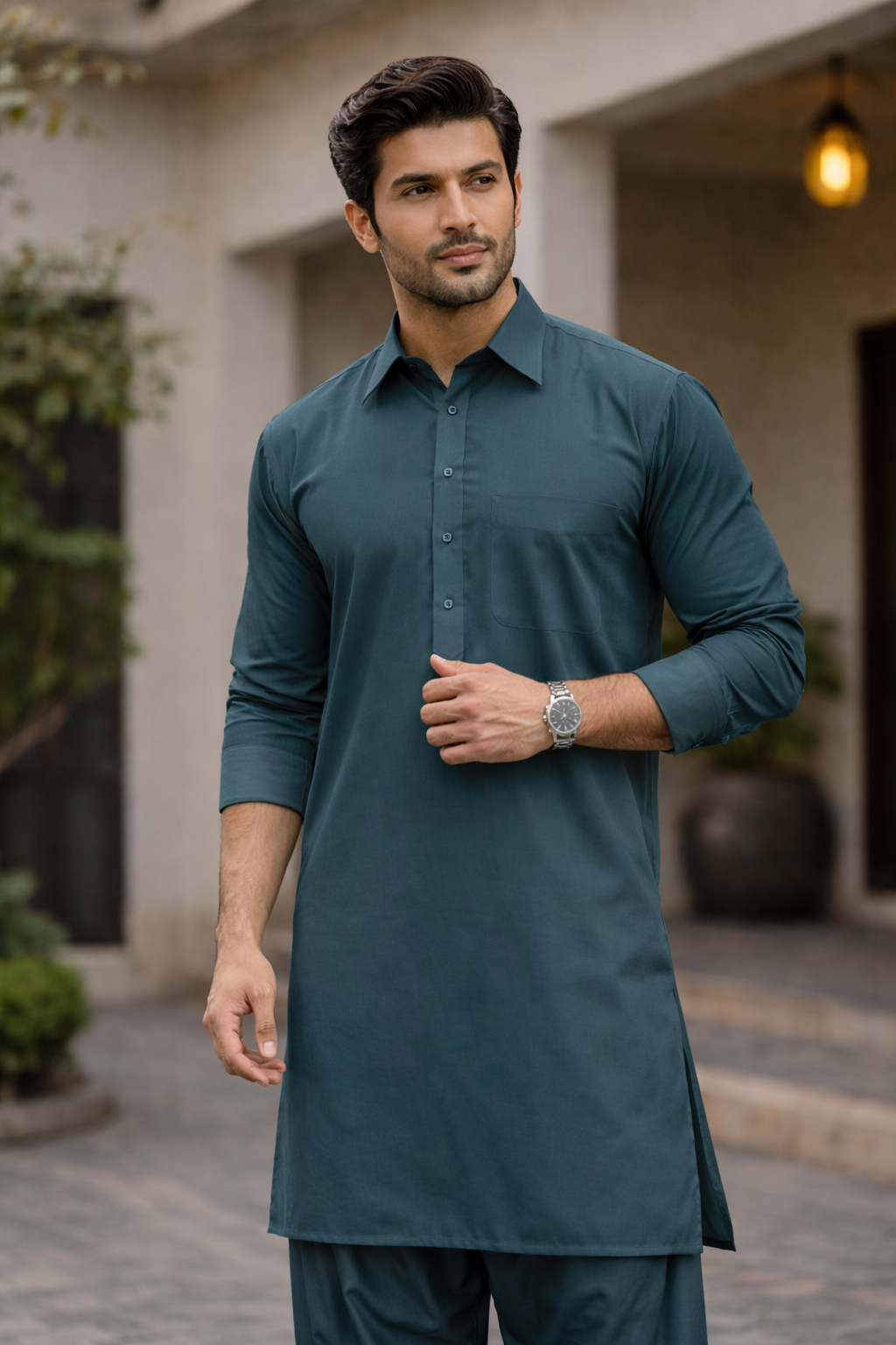 Cotton Satin Men Turqoise Unstitched Suit