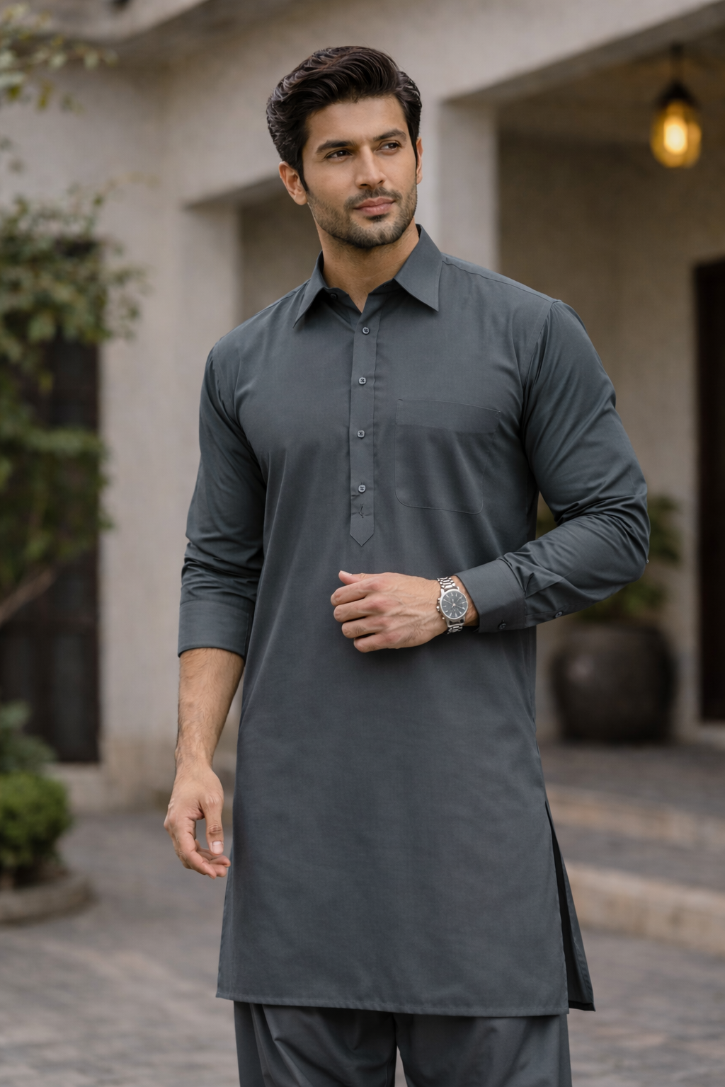 Cotton Satin Men Grey Unstitched Suit