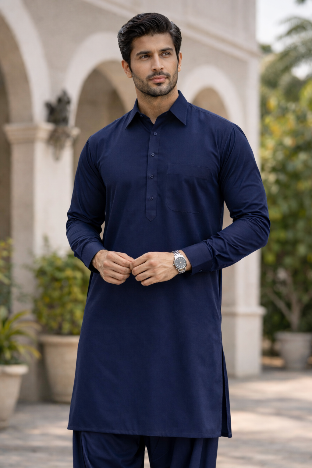 Cotton Satin Men Navy Blue Unstitched Suit