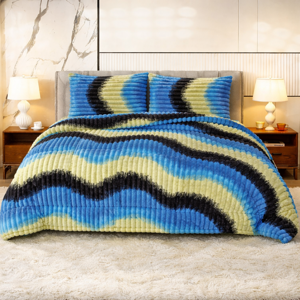 Blue Ripple Stripe Shaggy Quilt Set