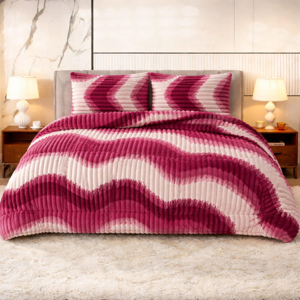 Red Ripple Stripe Shaggy Quilt Set