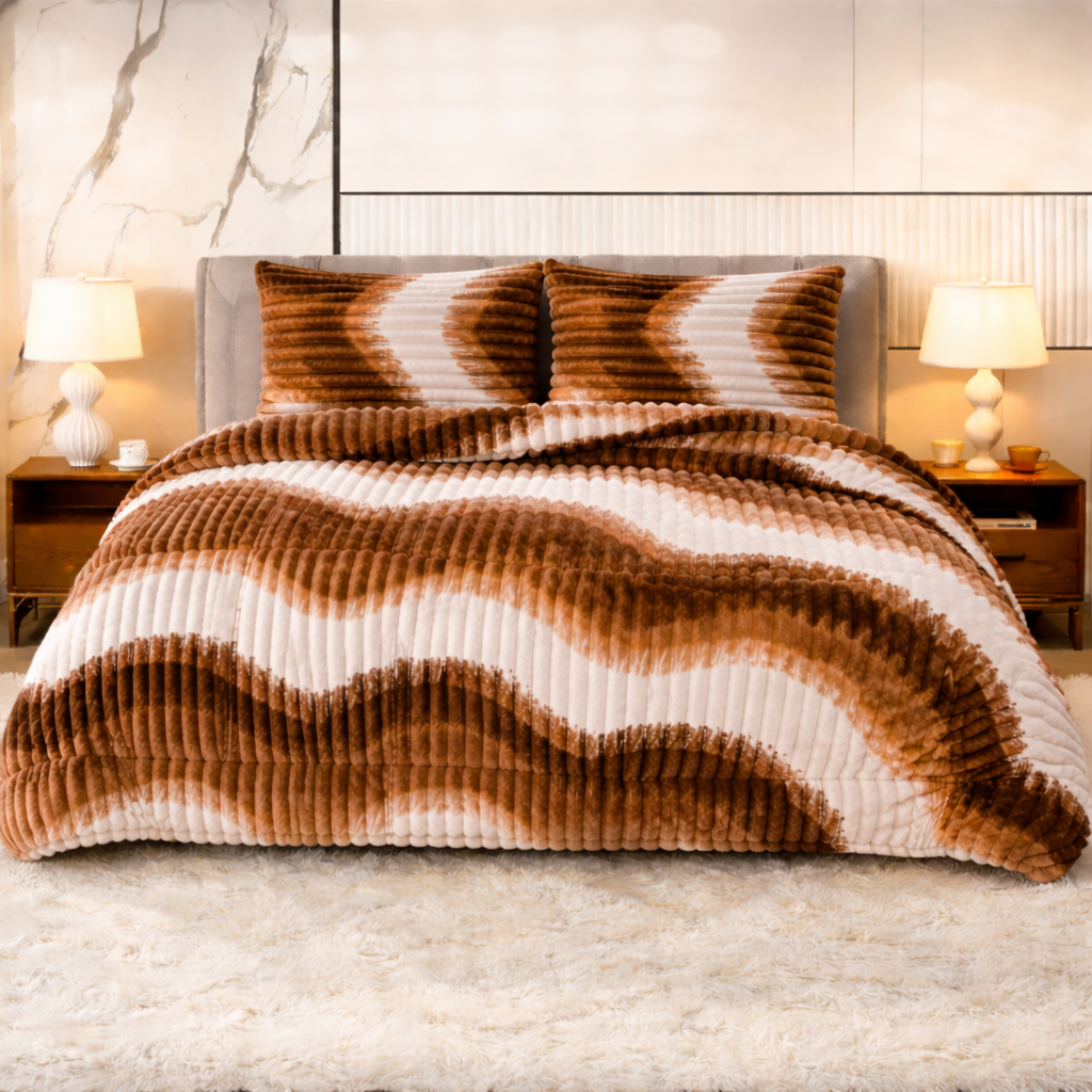 Brown Ripple Stripe Shaggy Quilt Set