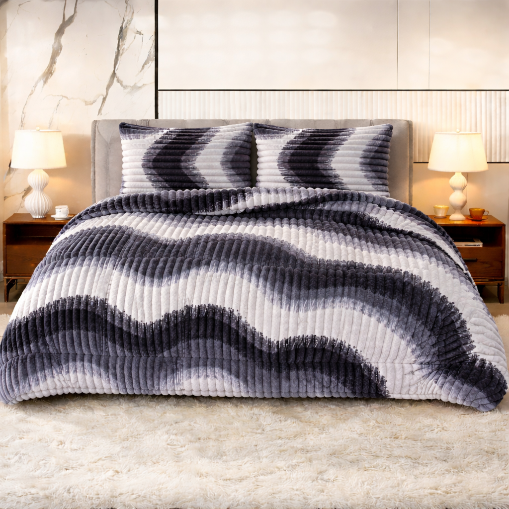 Gray Ripple Stripe Shaggy Quilt Set