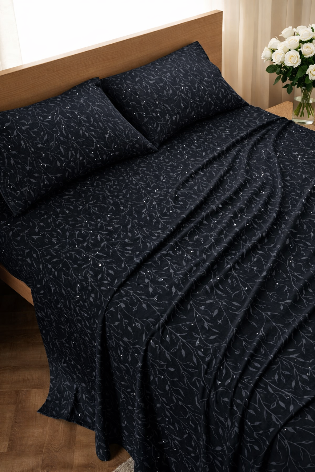 Leafy Velvet Black Bed Set