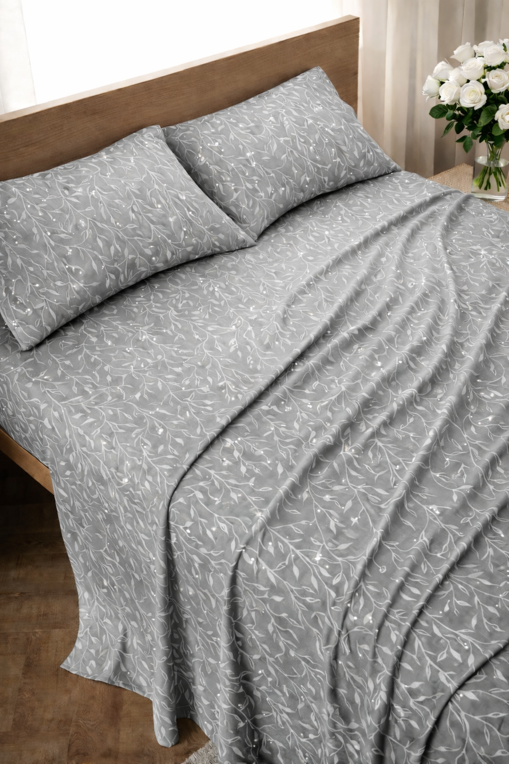 Leafy Velvet Silver Bed Set