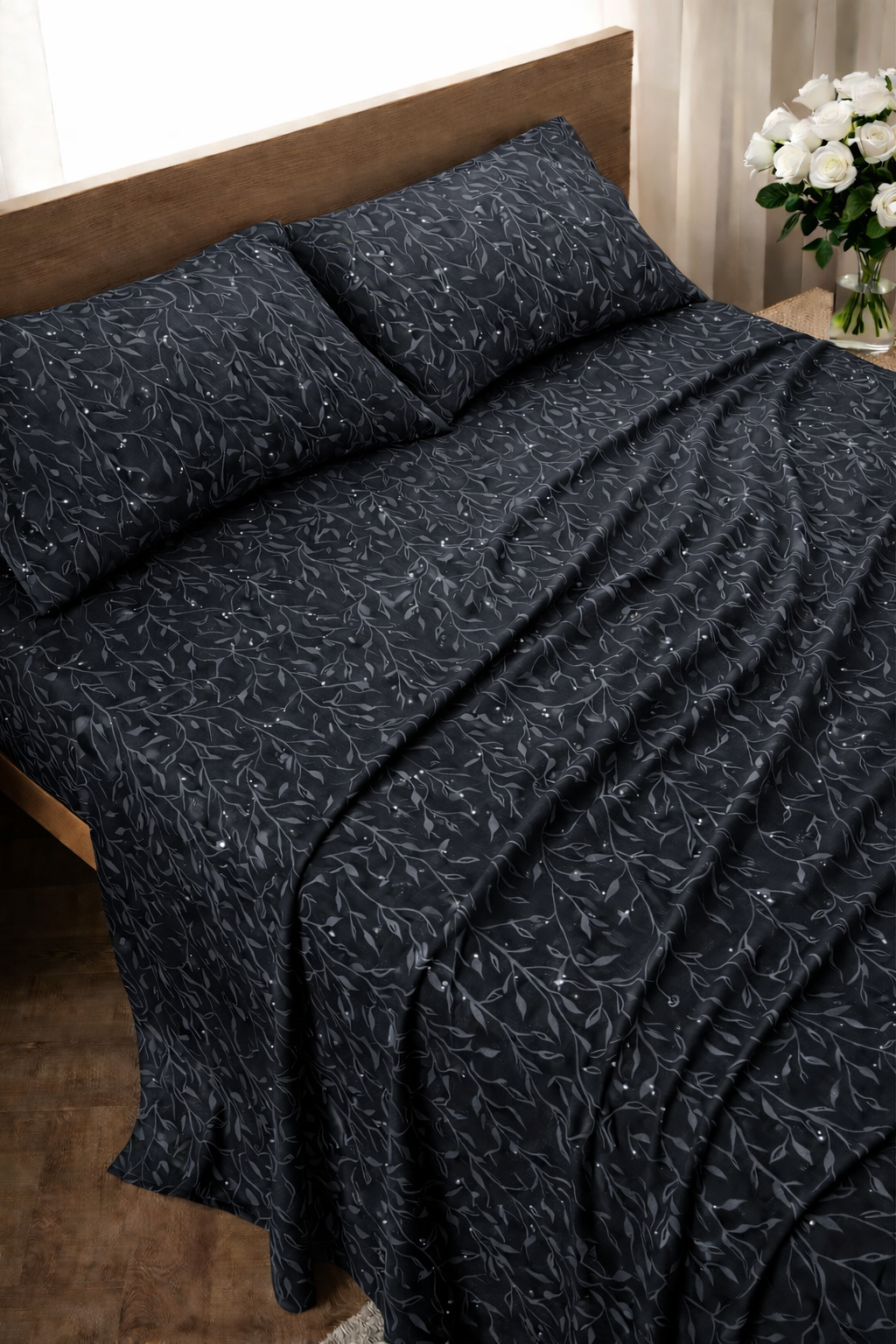 Leafy Velvet Charcoal Bed Set