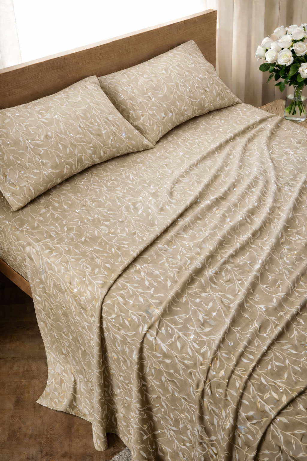Leafy Velvet Beige Bed Set