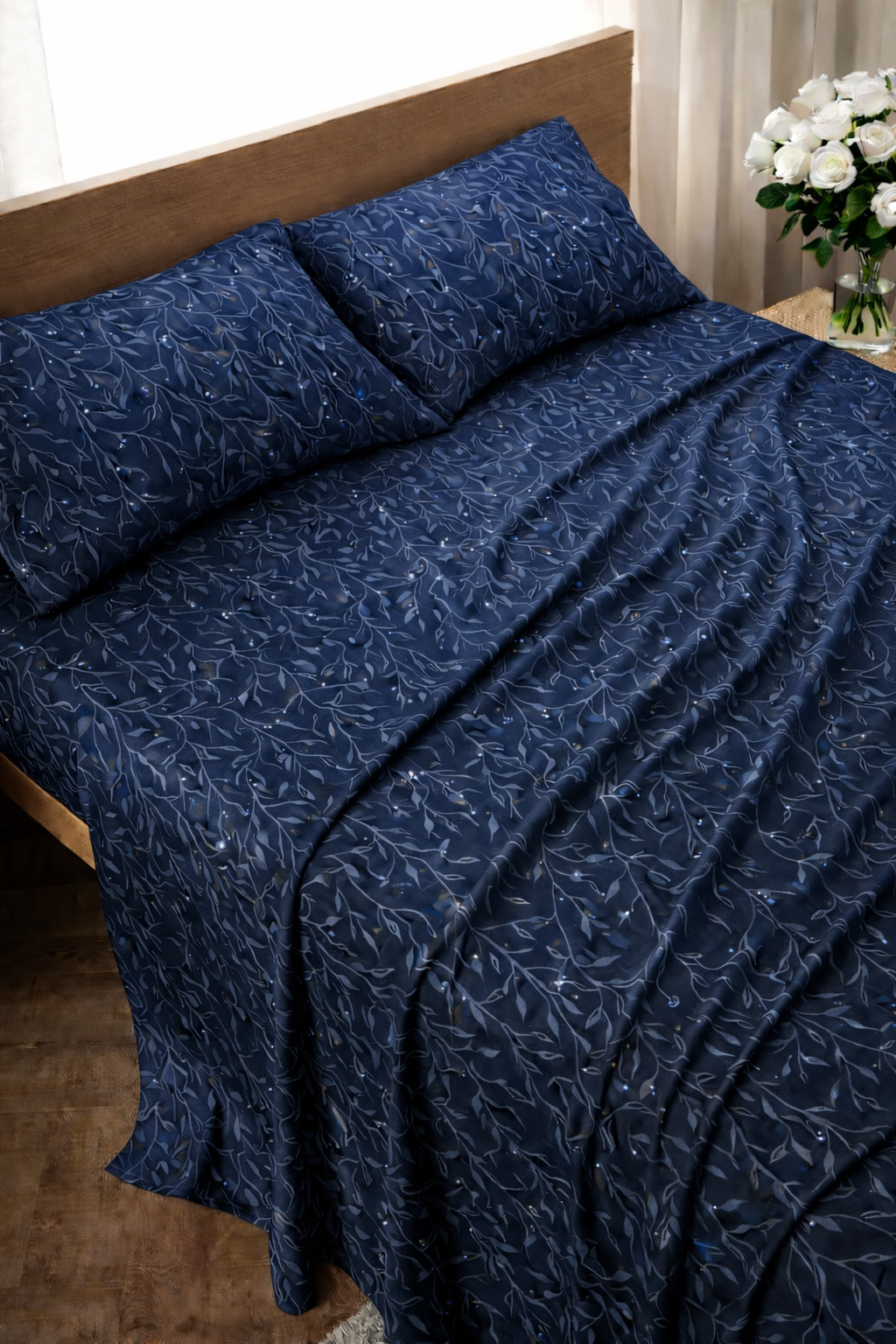 Leafy Velvet Navy Blue Bed Set