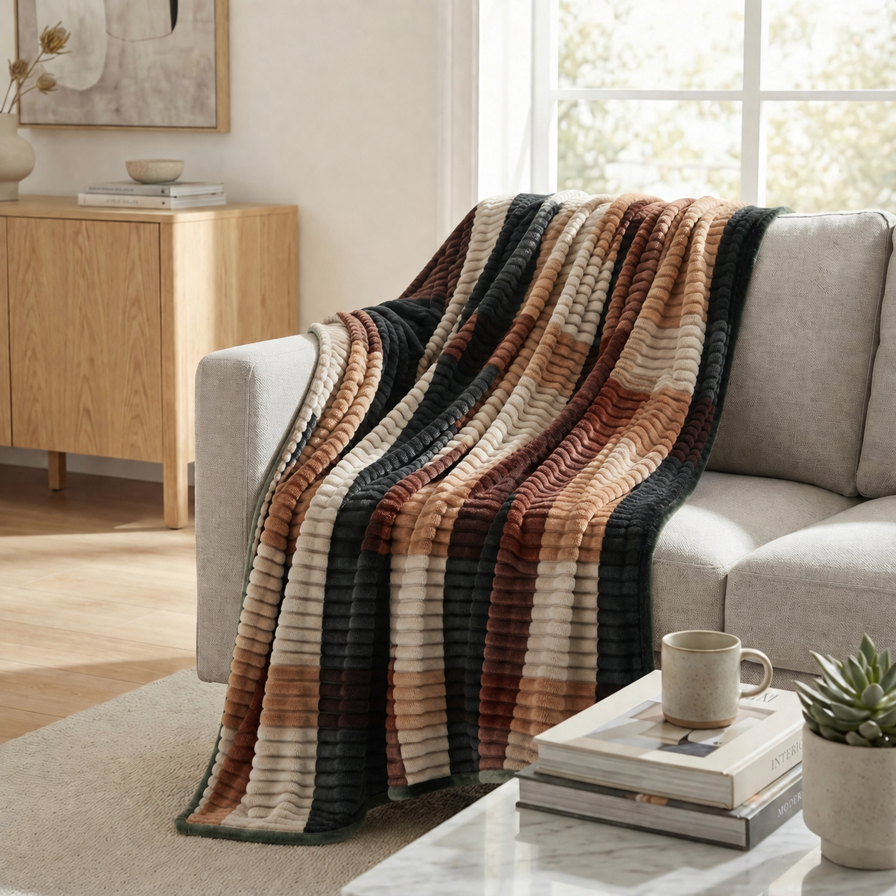 Printed Square City Beige Fleece Blanket