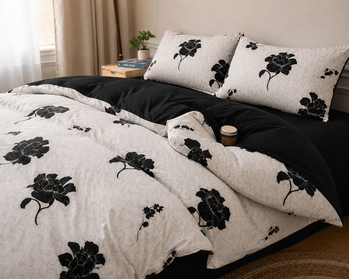Black Flora Cotton Printed Bed Set