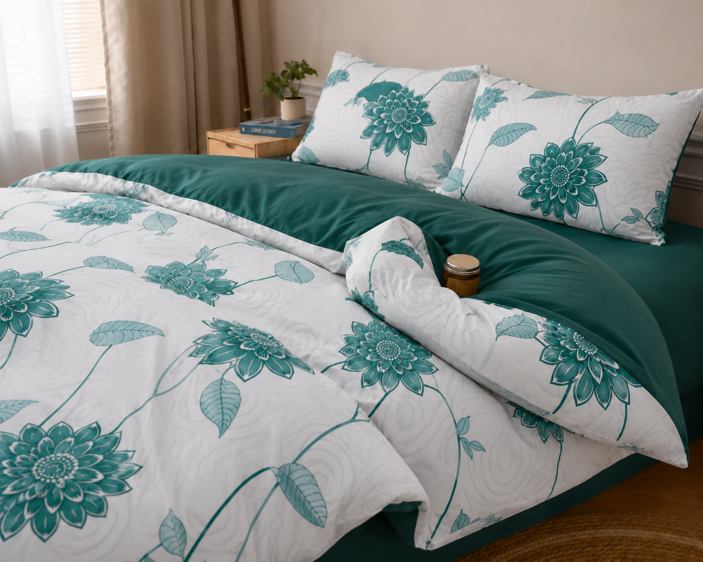 Sea Green Lily Cotton Printed Bed Set