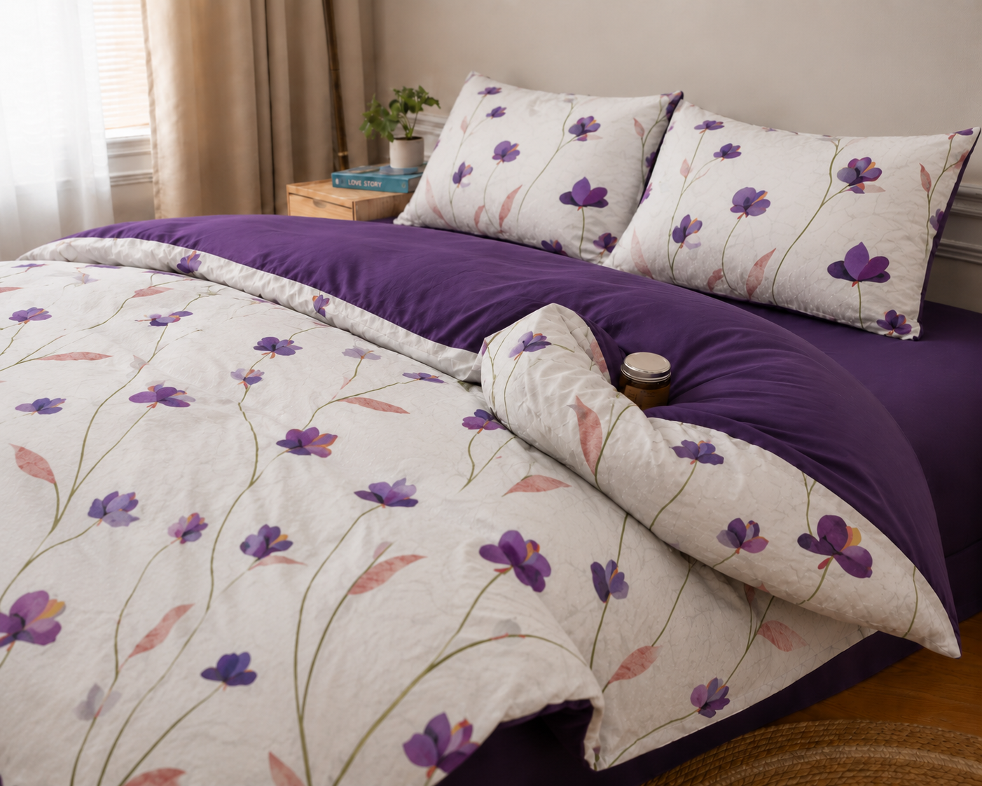 Purple Petals Cotton Printed Bed Set