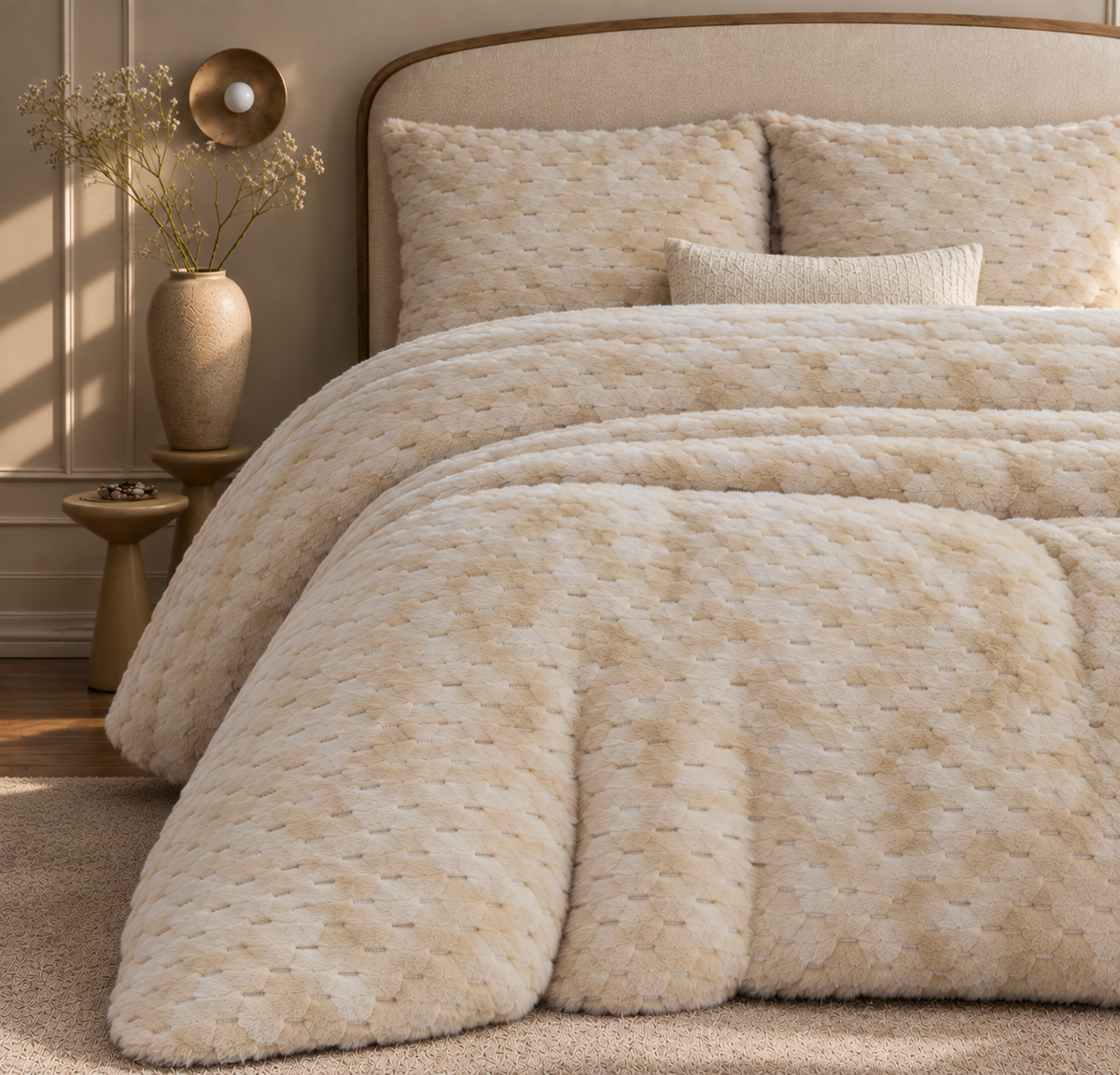 Honey Nest Beige Shaggy Bed Set