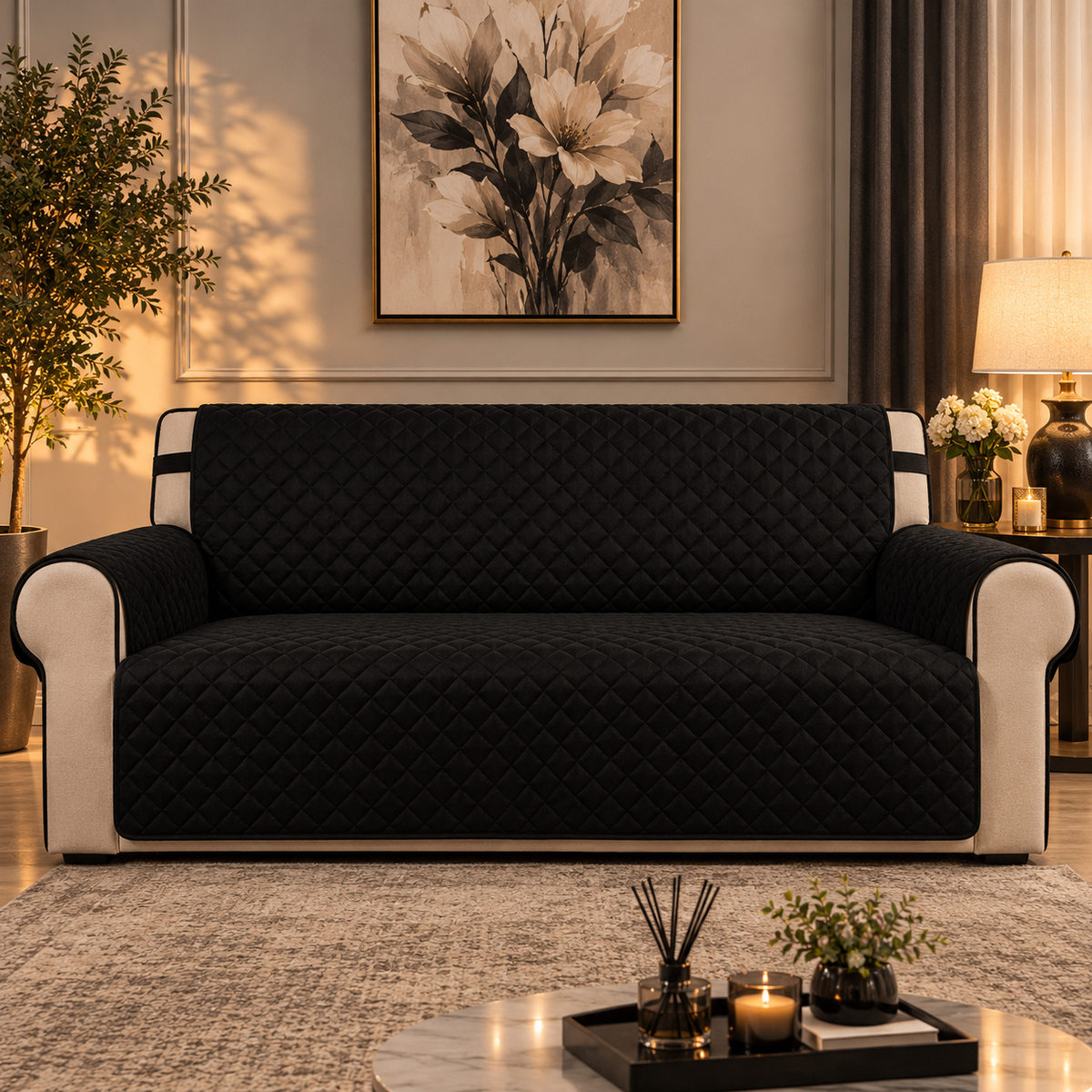 Midnight Black Autumn Quilted Sofa Cover