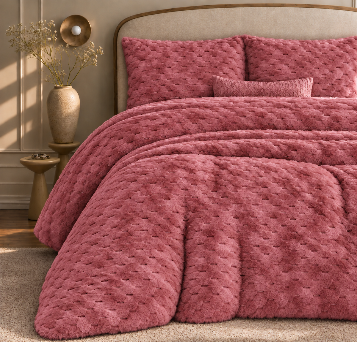 Honey Nest Rose Red Shaggy Bed Set